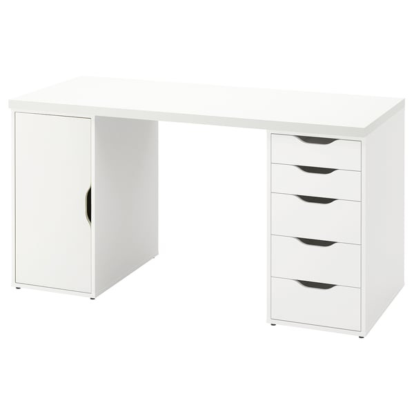 White LAGKAPTEN desk with cabinet and drawers. Modern design, honeycomb paper filling, acrylic paint.