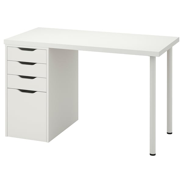 A white LAGKAPTEN desk with a rectangular top and a drawer unit. It has four drawers with cut-out handles and adjustable metal legs.
