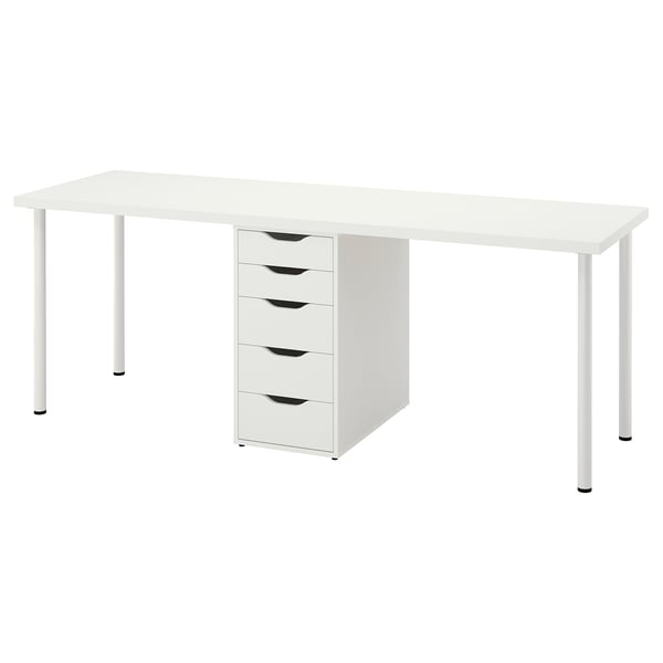 LAGKAPTEN desk in white with four drawers, rectangular shape, modern minimalist design.