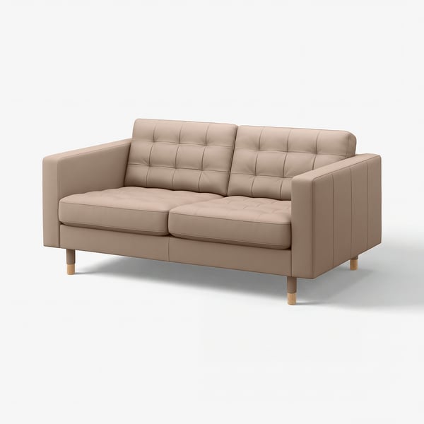 Modern beige leather sofa, tufted cushions on back & seat, wooden legs, mid-century design.