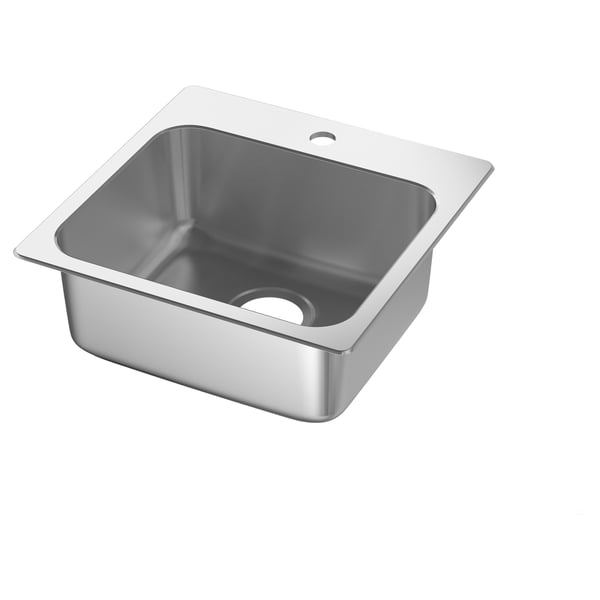 A stainless steel kitchen sink called LÅNGUDDEN. The sink is square-shaped with curved edges and a slight depth variation at the back for storage.
