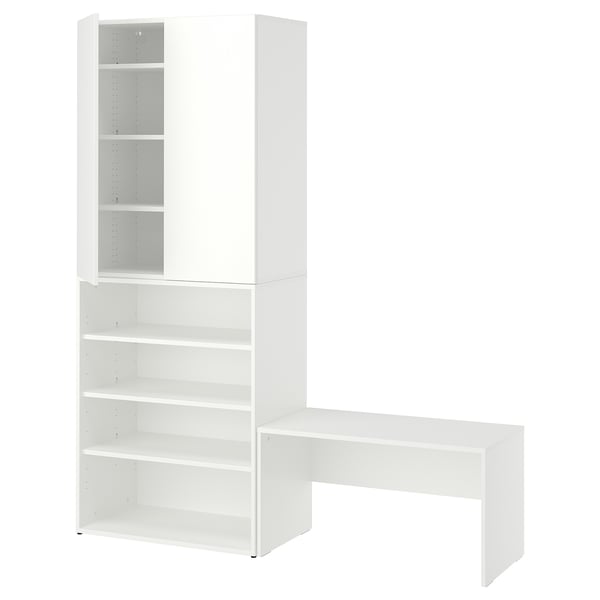 A white LASTARE modular storage unit and bench. It multiple shelves and compartments for various storage needs.