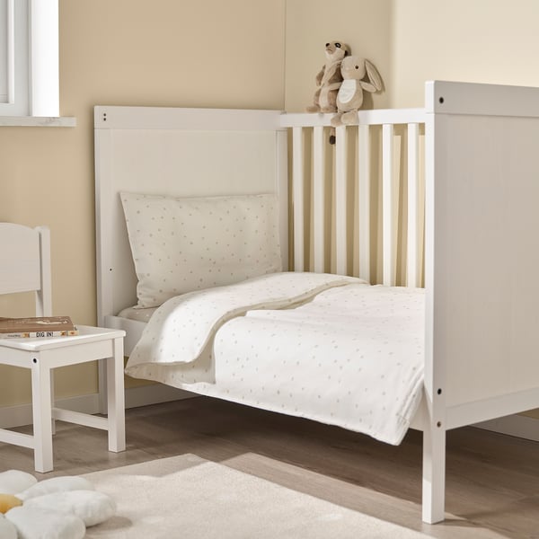 LEN Duvet cover 1 pillowcase for cot, white beige/dot pattern, 110x125/35x55 cm