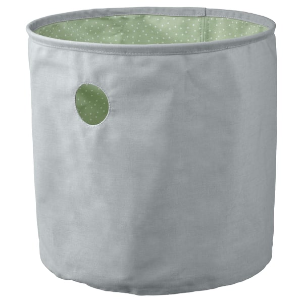 Reversible grey bin with green dots, organises toys & laundry
