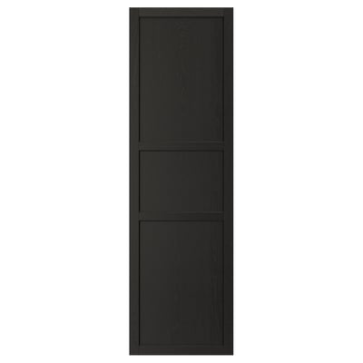 A dark wooden cabinet door with a solid frame and inset panels, designed in a traditional style.