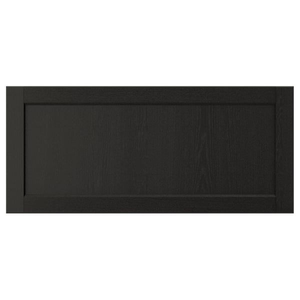 LERHYTTAN black drawer front, solid wood with bevelled edges, veneer panel style, dark finish, rectangular shape.