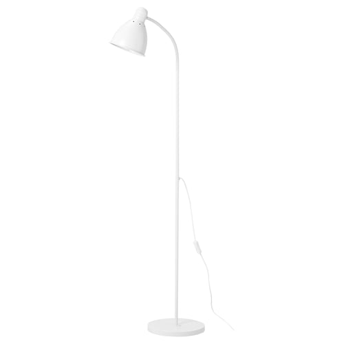 White floor lamp with adjustable neck, round base, aluminium & concrete, ideal for reading.