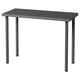 Modern black rectangular desk with metal legs. Simple, sleek design. Ideal for small spaces. Compact yet sturdy build.