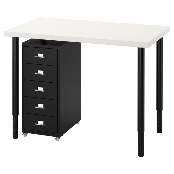 LINNMON/OLOV desk, white top, black drawers & legs. Sturdy, modern, adjustable height.