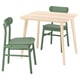 LISABO: compact dining set with light wood table and 2 green chairs, sleek and modern design.