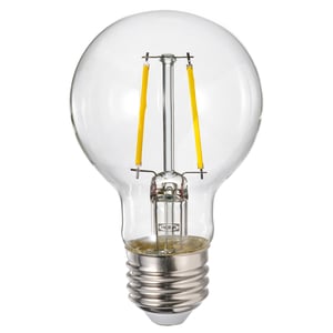 A clear glass LUNNOM bulb with yellow filaments.