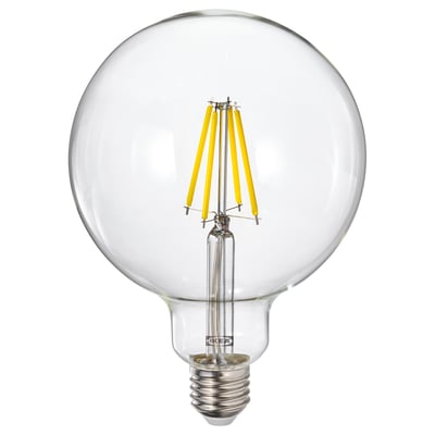 LUNNOM light bulb, clear glass, spherical shape, yellow filaments inside.