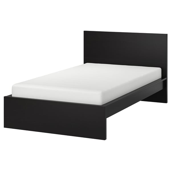Modern black MALM bed with sleek design and high headboard against white background.