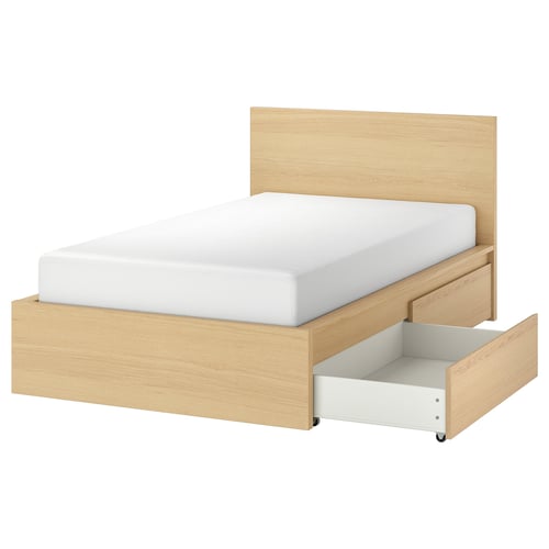 MALM oak bed with white drawers & mattress.