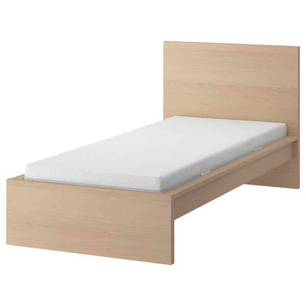 MALM light wooden bed with white mattress, slatted base, minimalist design, solid wood veneer.