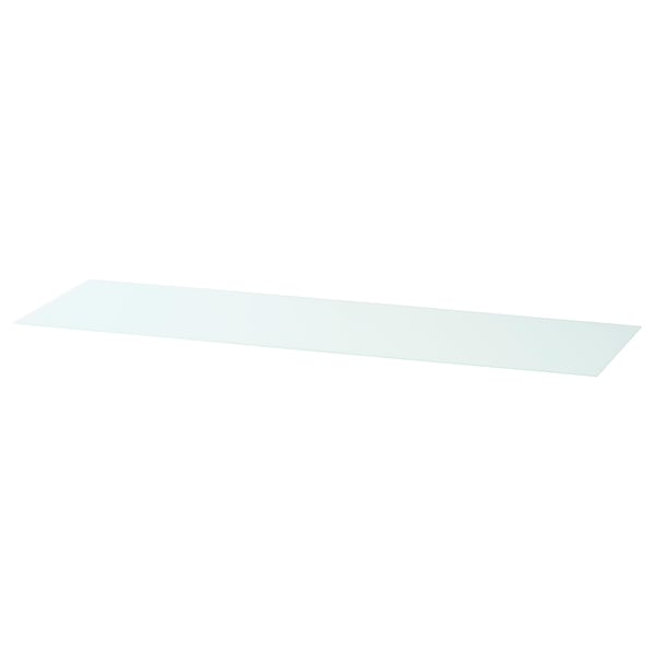 Clear rectangle glass shelf, flat, sleek design, made of tempered glass.