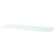 Clear rectangle glass shelf, flat, sleek design, made of tempered glass.