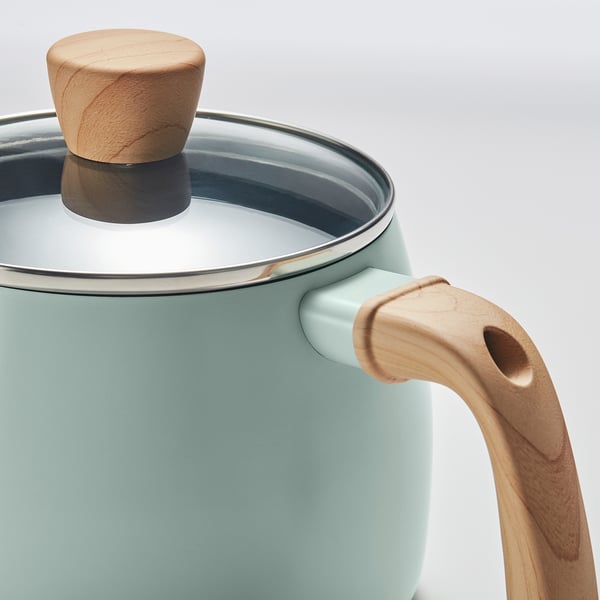 Blue saucepan with wooden handle, stainless lid, non-stick.