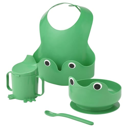 Baby meal set: bib, bowl, cup, spoon - frog design, safe materials
