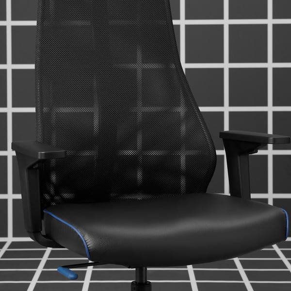 Modern gaming chair with mesh back, lumbar support, and adjustable armrests. Black with blue accents, ideal for comfort and support.