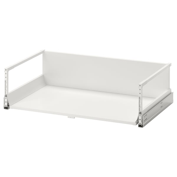 A white MAXIMERA drawer, fully extendable and soft-closing, with steel runners and a particleboard bottom.