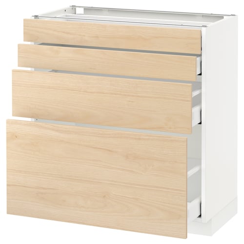 An ikea METOD kitchen cabinet with three light ash wooden drawers.