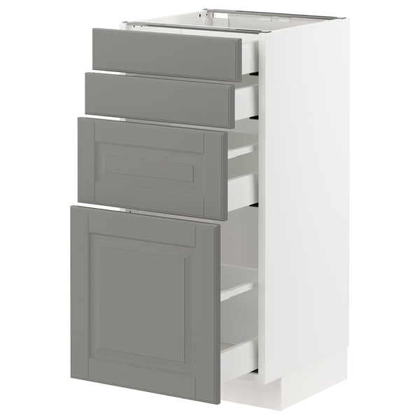 White METOD kitchen unit with grey drawers and cabinets, bevelled edges.