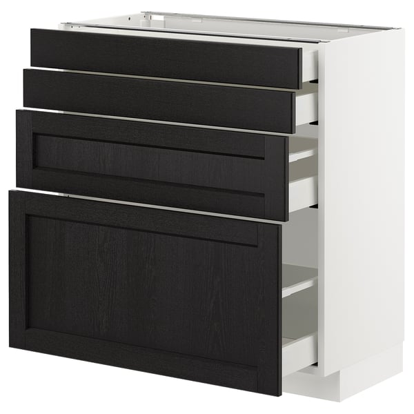 A METOD kitchen cabinet in white with black stained lerhyttan drawers, featuring a traditional design with bevelled edges.