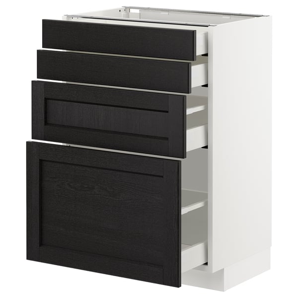 Modern kitchen cabinet with 4 dark grey drawers and white frame, bevelled edges, smooth drawer run.