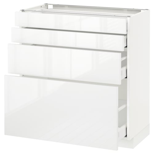 A white modern cabinet from the METOD kitchen system with multiple drawers and a glossy finish.