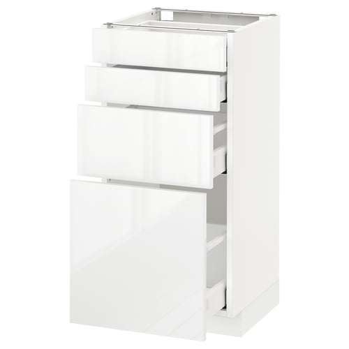 A white METOD kitchen cabinet with glossy, smooth-running drawers in a modern design. Its slim and tall, featuring high-quality materials.