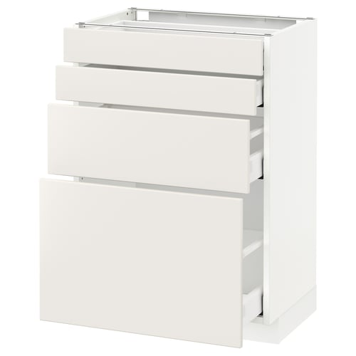 A white METOD kitchen cabinet with three drawers. The cabinet is sleek with a glossy finish, offering a modern and minimalist design.