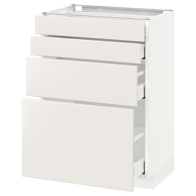 A white METOD kitchen cabinet with three drawers. The cabinet is sleek with a glossy finish, offering a modern and minimalist design.