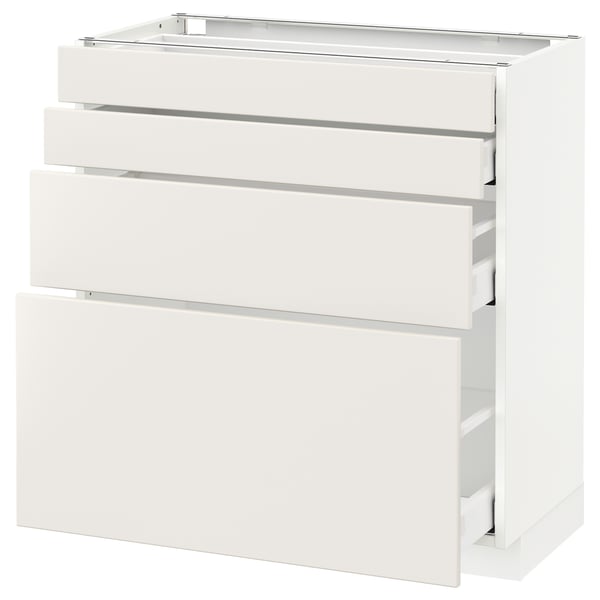A white METOD kitchen cabinet with three drawers and a top shelf. The design is modern and minimalist.