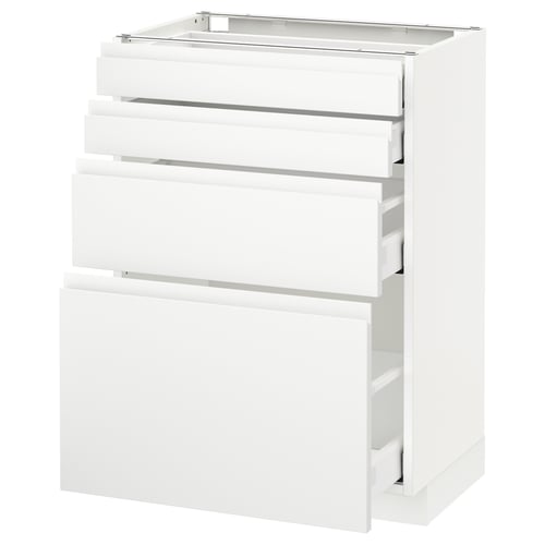 An all-white METOD kitchen cabinet with three drawers and one large door, sleek and modern design, high gloss finish.
