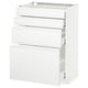 An all-white METOD kitchen cabinet with three drawers and one large door, sleek and modern design, high gloss finish.