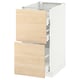 An open ikea METOD kitchen cabinet with light ash wood-patterned askersund fronts.