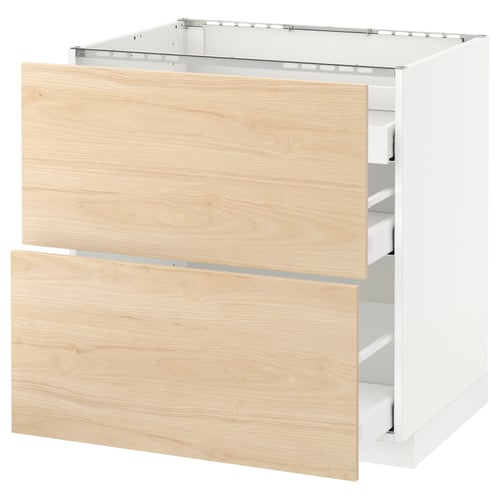 A white METOD kitchen cabinet with light ash wood-patterned drawers. It two smooth-running drawers with a sleek, modern design.