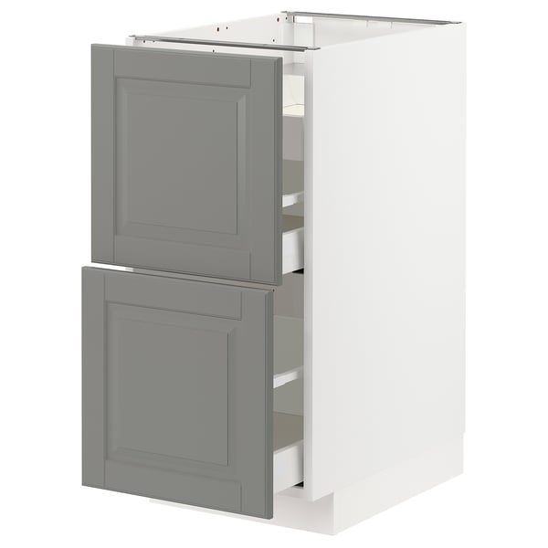 Ikea METOD kitchen cabinet, grey, square, with two open drawers.