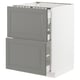 Modern grey kitchen cabinet with two drawers, sleek design, durable materials.