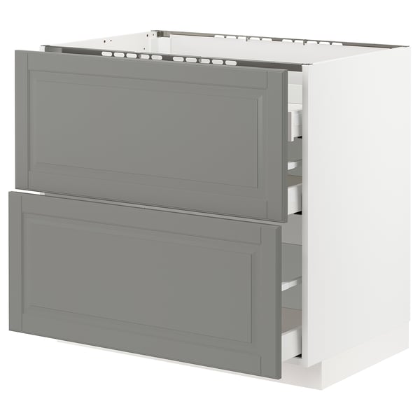 Modern kitchen cabinet in grey, featuring two drawers, smooth running, with bevelled edges and a sturdy frame.