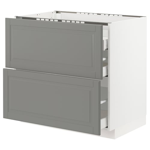Modern kitchen cabinet in grey, featuring two drawers, smooth running, with bevelled edges and a sturdy frame.