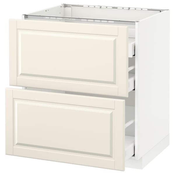 White kitchen cabinet, METOD system, off-white bodbyn fronts, bevelled edges, soft-close drawers, modern classic design.