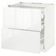 White modern kitchen unit, glossy finish, square shape, soft-closing drawers.