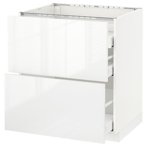 Modern high-gloss white kitchen cabinet with sleek, square design and smooth-running drawers.