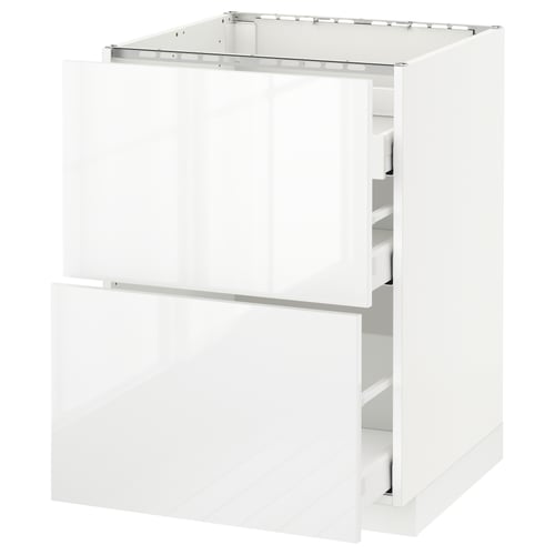 White METOD kitchen cabinet with high gloss finish, two drawers, sleek design.