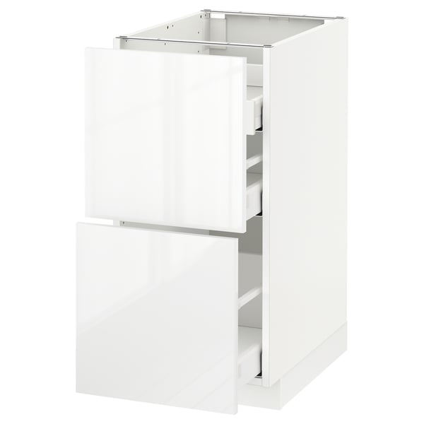 White METOD kitchen cabinet with glossy finish and two drawers.