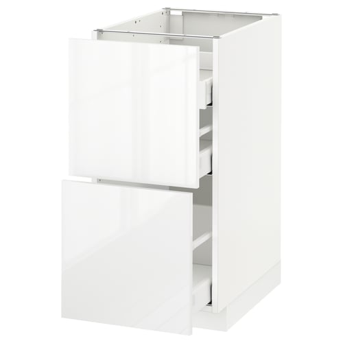 White METOD kitchen cabinet with glossy finish and two drawers.