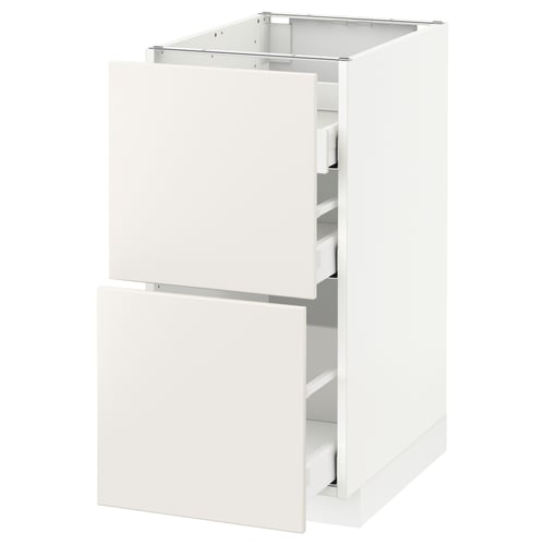 White METOD kitchen cabinet with veddinge smooth fronts, 2 drawers, rectangular shape.