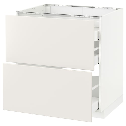 A white METOD kitchen cabinet with smooth, clean lines and two drawers. Its part of the veddinge collection, known for its modern design.